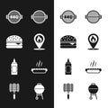 Set Location with fire flame, Burger, Barbecue grill, Mustard bottle, Hotdog sandwich, and steel grid icon. Vector