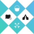 Set Location of the forest on map, Crossed arrows, Camping pot and Tourist tent icon. Vector Royalty Free Stock Photo