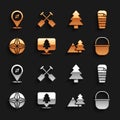 Set Location of the forest, Sleeping bag, Camping pot, Mountains with tree, Wind rose, Forest, Compass and Paddle icon Royalty Free Stock Photo