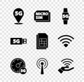 Set Location 5G network, Micro Sim Card, Smart watch, Digital speed meter, Antenna, modem and card icon. Vector