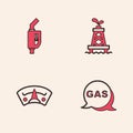 Set Location and gas station, Gasoline pump nozzle, Oil rig and Motor gauge icon. Vector Royalty Free Stock Photo