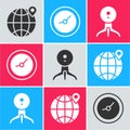 Set Location on the globe, Clock and Web camera icon. Vector Royalty Free Stock Photo