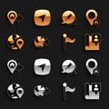 Set Location on the globe, with house, Folded map location marker, Flag, Push pin, and City navigation icon. Vector