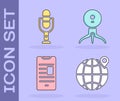 Set Location on the globe, Microphone, Online book on mobile and Web camera icon. Vector Royalty Free Stock Photo