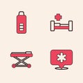 Set Location hospital, Digital thermometer, Hospital bed and Stretcher icon. Vector