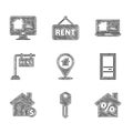 Set Location with house, House key, percant discount, Closed door, dollar symbol, Hanging sign Rent, Online real estate