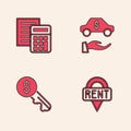 Set Location key, Calculator, Car rental and Rent icon. Vector Royalty Free Stock Photo
