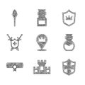 Set Location king crown, Castle, fortress, Shield, Poison bottle, Decree, parchment, scroll, Medieval shield with swords