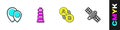 Set Location, Lighthouse, Route location and Satellite icon. Vector