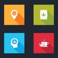 Set Location and marijuana, Marijuana or cannabis seeds, Head in profile with and Cup tea icon. Vector