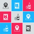 Set Location Market store, Canned food and Wine bottle icon. Vector