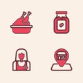 Set Location Market store, Roasted turkey chicken, Coffee jar bottle and Seller icon. Vector