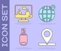 Set Location, Online education, USB flash drive and Location on the globe icon. Vector