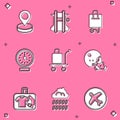 Set Location, Parachute, Suitcase, Clock, Trolley baggage, Modern pilot helmet, and Cloud with rain icon. Vector