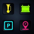 Set Location with parking, Signal horn on vehicle, Parking and Car battery. Black square button. Vector