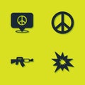 Set Location peace, Bomb explosion, M16A1 rifle and Peace icon. Vector