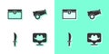 Set Location pirate, Antique treasure chest, Pirate sword and Cannon icon. Vector