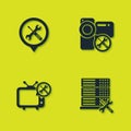 Set Location service, Database server, Tv and Video camera icon. Vector