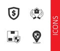 Set Location shield, Shield with dollar, Delivery security and House in hand icon. Vector