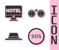 Set Location with SOS, Online hotel booking, Man hat with ribbon and Binoculars icon. Vector