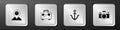 Set Location, Suitcase, Anchor and Photo camera icon. Silver square button. Vector