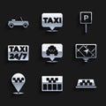 Set Location with taxi, Taximeter, car roof, Gps device map, Parking and Car icon. Vector