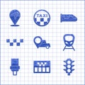 Set Location with taxi, Taximeter, Traffic light, High-speed train, Safety belt, car roof, and icon. Vector