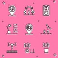 Set Location and tree, Smart farm with drone, farming technology, Flower status, Tractor location, and icon. Vector