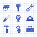 Set Location with wrench, Settings in the hand, Toolbox, Worker safety helmet, Hammer, Chainsaw, Wrench spanner and Royalty Free Stock Photo