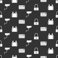 Set Lock, Bulletproof vest, Security camera and Credit card on seamless pattern. Vector Royalty Free Stock Photo