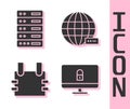 Set Lock on computer monitor, Server, Data, Web Hosting, Bulletproof vest and Social network icon. Vector Royalty Free Stock Photo