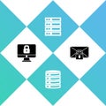Set Lock on computer monitor, Server, Data, Web Hosting, and Mail message lock password icon. Vector Royalty Free Stock Photo