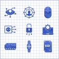 Set Lock on digital circuit board, Smartwatch, SSD card, Laptop and gear, RAM, random access memory, Remote control Royalty Free Stock Photo