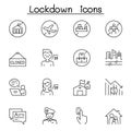 Set of Lock down city Related Vector Line Icons. Contains such Icons as work from home, stay home, corona virus, covid-19, virus