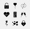 Set Lock and heart, Balloon in form of, Gender, Flower rose, Heart, Castle the shape, rate and Mobile with icon. Vector