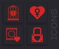 Set Lock and heart, Heart in the bird cage, Heart with female gender and Condom in package icon. Vector