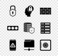 Set Lock, Human head with lock, Firewall, security wall, Mobile exclamation mark, FTP folder, Safe, Password protection Royalty Free Stock Photo