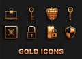 Set Lock, Key, Shield, Smartphone with closed padlock, Safe, cyber security brick wall, Laptop and and icon. Vector Royalty Free Stock Photo