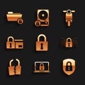 Set Lock, Laptop and lock, Shield security with, Cyber, Broken or cracked and Credit card icon. Vector Royalty Free Stock Photo