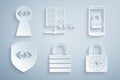 Set Lock, Mobile and password, Shield eye, Safe combination lock wheel, Server VPN and Keyhole with icon. Vector Royalty Free Stock Photo