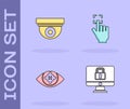 Set Lock on monitor, Security camera, Eye scan and Fingerprint icon. Vector Royalty Free Stock Photo