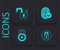 Set Lock, Open padlock, Fingerprint and icon. Black square button. Vector