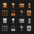 Set Lock, Pepper spray, Fingerprint, Magnifying glass Search, Graphic password protection, Safe, and Key icon. Vector