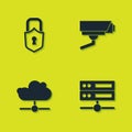 Set Lock, Server, Data, Web Hosting, Network cloud connection and Security camera icon. Vector Royalty Free Stock Photo