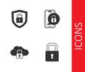 Set Lock, Shield security with lock, Cloud computing and Mobile closed padlock icon. Vector Royalty Free Stock Photo