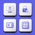 Set Lock, Shield security with lock, Safe and Graphic password protection icon. White square button. Vector Royalty Free Stock Photo