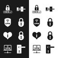 Set Lock, Shield with VPN wireless, Password protection, Digital door lock, Heart keyhole and icon. Vector