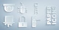 Set Lock, Watch tower, Paper shredder, Door handle, System bug concept and Motion sensor icon. Vector Royalty Free Stock Photo