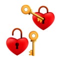 Set of locked and unlocked cartoon red heart shaped padlock with golden key isolated on a white background Royalty Free Stock Photo