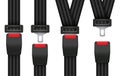 Set of locked, unlocked detailed seatbelts for driver, passengers. Fastened, unfastened safety belts.